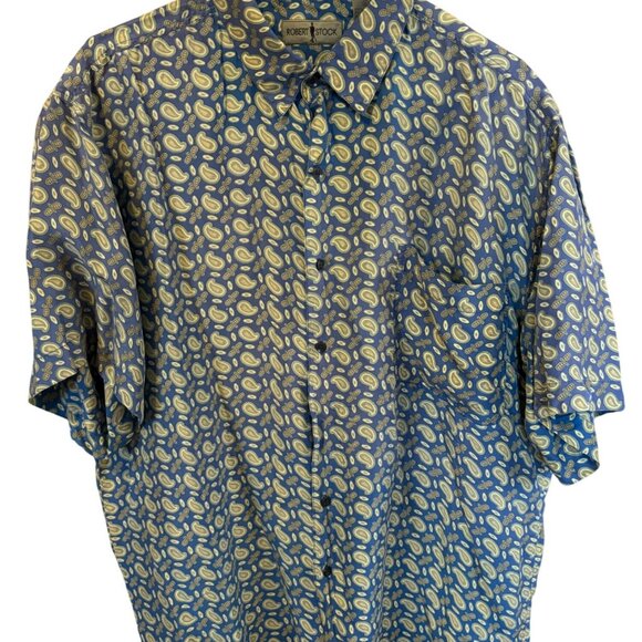 Robert Stock Mens XL Paisley Button-Up Shirt 100% Silk Blue & Yellow SS - Picture 1 of 6